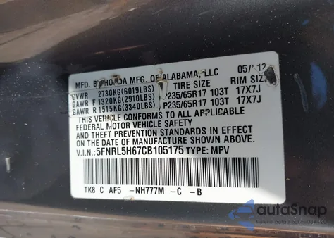 2012 Honda Odyssey Ex-L z USA, uszkodzony, nr VIN 5FNRL5H67CB105175